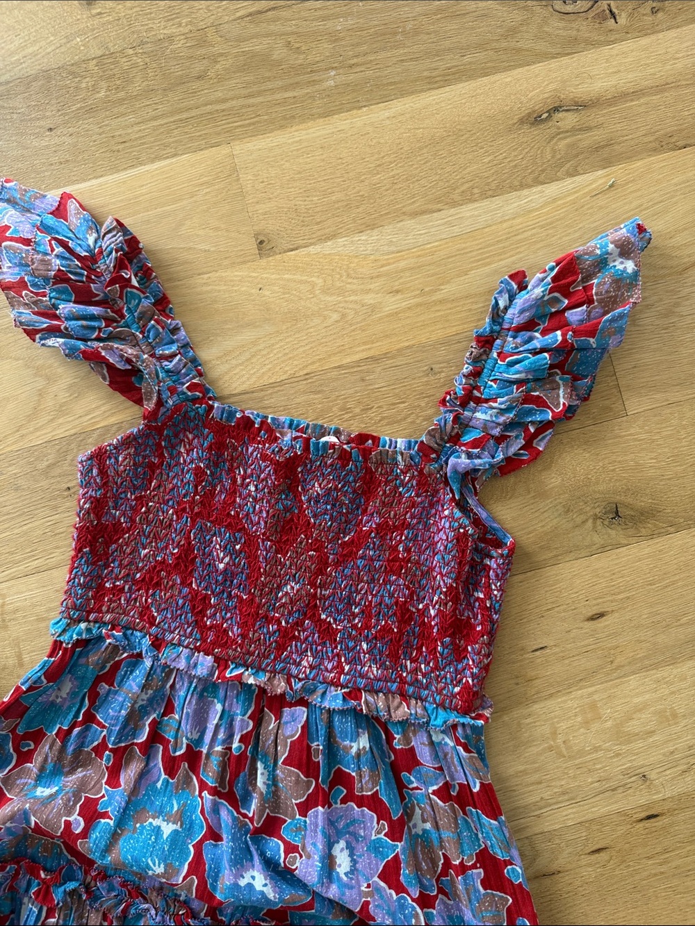 Smocked Red Floral Maxi Dress with Ruffled Straps - Picture 2 of 3